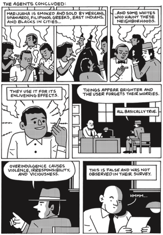 A scene that shows how a Federal Bureau of Narcotics report got slanted for political scare purposes